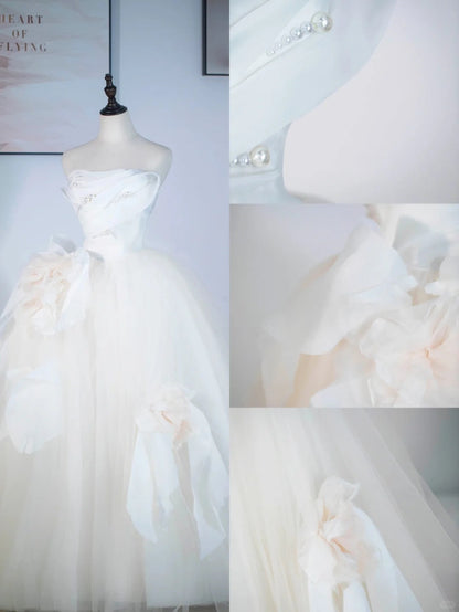 Vestido de novia de tul color champán claro, corte A, sin tirantes, vestido de fiesta largo con delicados detalles de cuentas ED01352