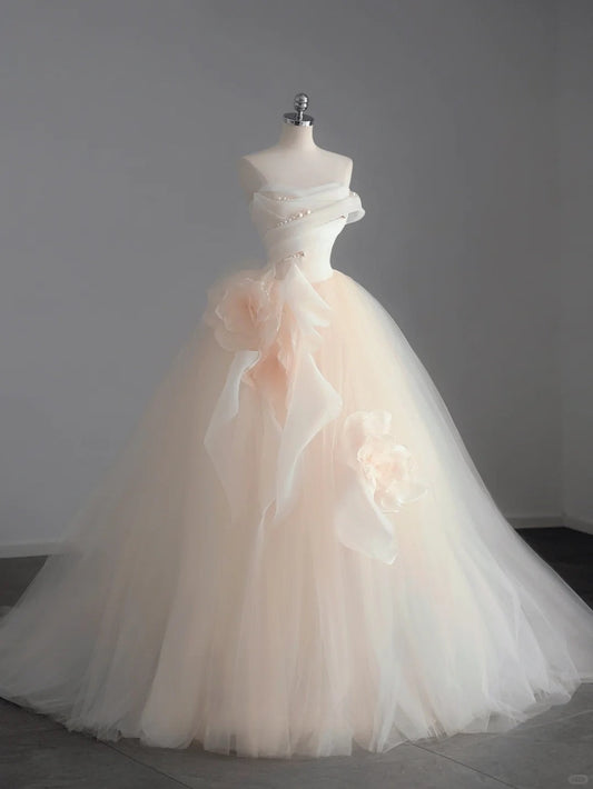 Vestido de novia de tul color champán claro, corte A, sin tirantes, vestido de fiesta largo con delicados detalles de cuentas ED01352