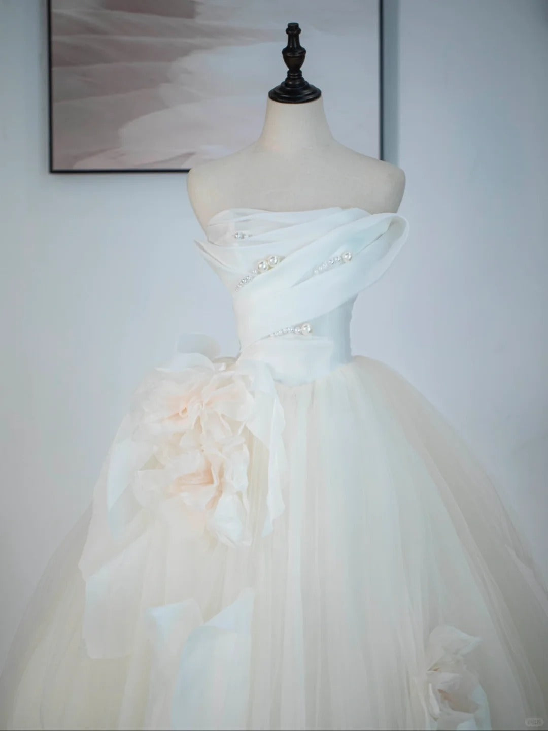 Vestido de novia de tul color champán claro, corte A, sin tirantes, vestido de fiesta largo con delicados detalles de cuentas ED01352