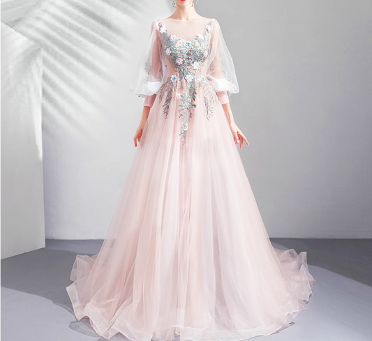 Vestido de novia rosa claro de corte A con mangas largas y tul bordado, vestido de fiesta largo y delicado ED01353