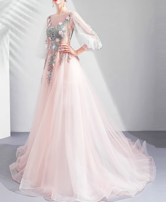 Vestido de novia rosa claro de corte A con mangas largas y tul bordado, vestido de fiesta largo y delicado ED01353
