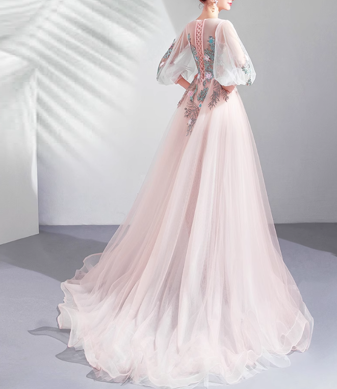 Vestido de novia rosa claro de corte A con mangas largas y tul bordado, vestido de fiesta largo y delicado ED01353