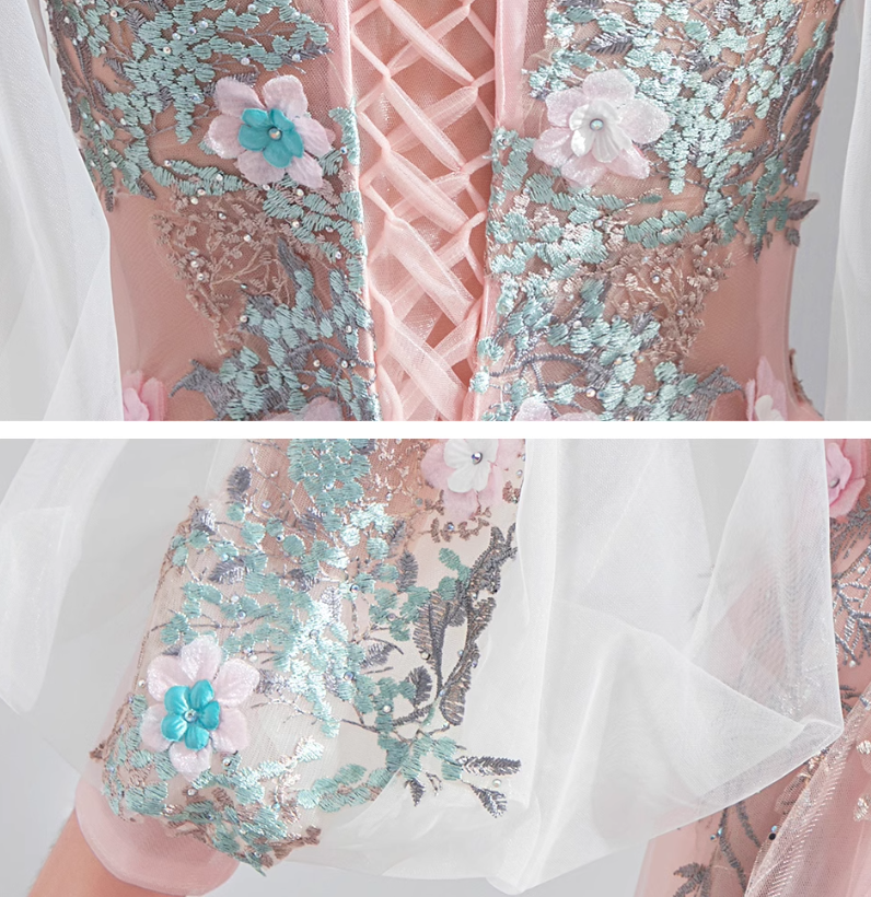Vestido de novia rosa claro de corte A con mangas largas y tul bordado, vestido de fiesta largo y delicado ED01353