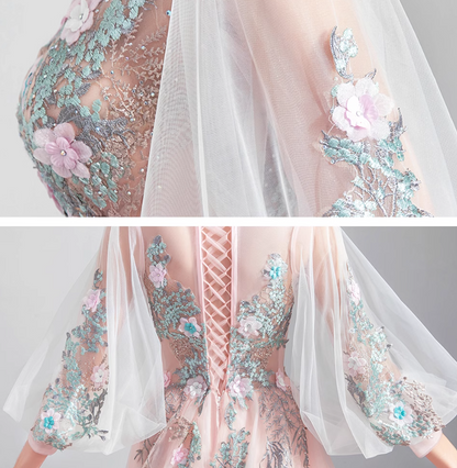 Vestido de novia rosa claro de corte A con mangas largas y tul bordado, vestido de fiesta largo y delicado ED01353