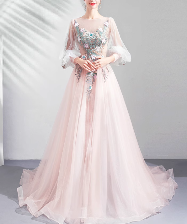Vestido de novia rosa claro de corte A con mangas largas y tul bordado, vestido de fiesta largo y delicado ED01353