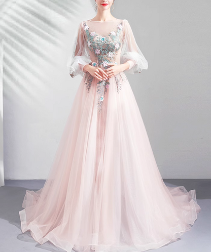Vestido de novia rosa claro de corte A con mangas largas y tul bordado, vestido de fiesta largo y delicado ED01353