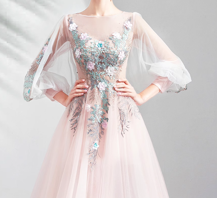 Vestido de novia rosa claro de corte A con mangas largas y tul bordado, vestido de fiesta largo y delicado ED01353