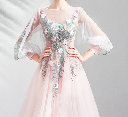 Vestido de novia rosa claro de corte A con mangas largas y tul bordado, vestido de fiesta largo y delicado ED01353
