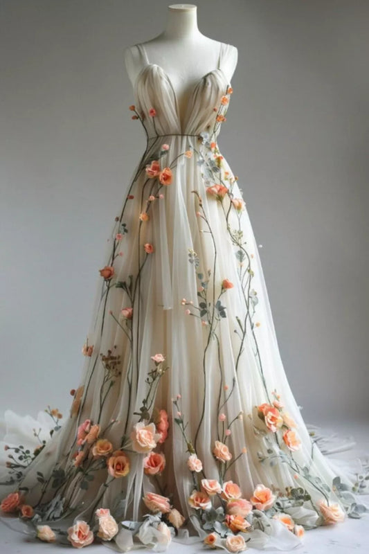 Vestidos de novia con escote en V profundo, flores 3D, apliques de tul, corte A, ED01358