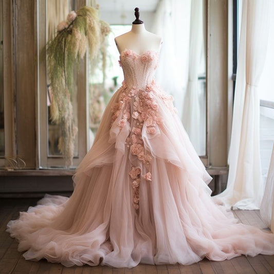 Vestido de novia largo de tul con encaje y escote en forma de A, estilo vintage, color rosa, ED01364