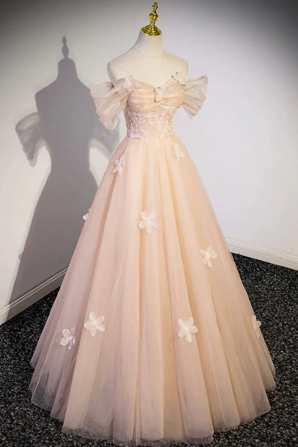Vestidos formales largos de tul con flores, color champán, hombros descubiertos, ED01365