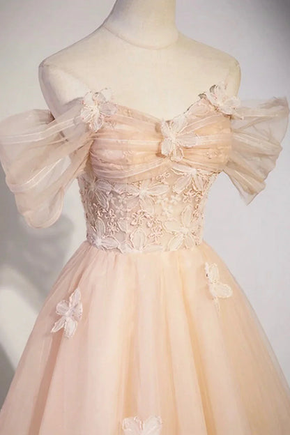 Vestidos formales largos de tul con flores, color champán, hombros descubiertos, ED01365