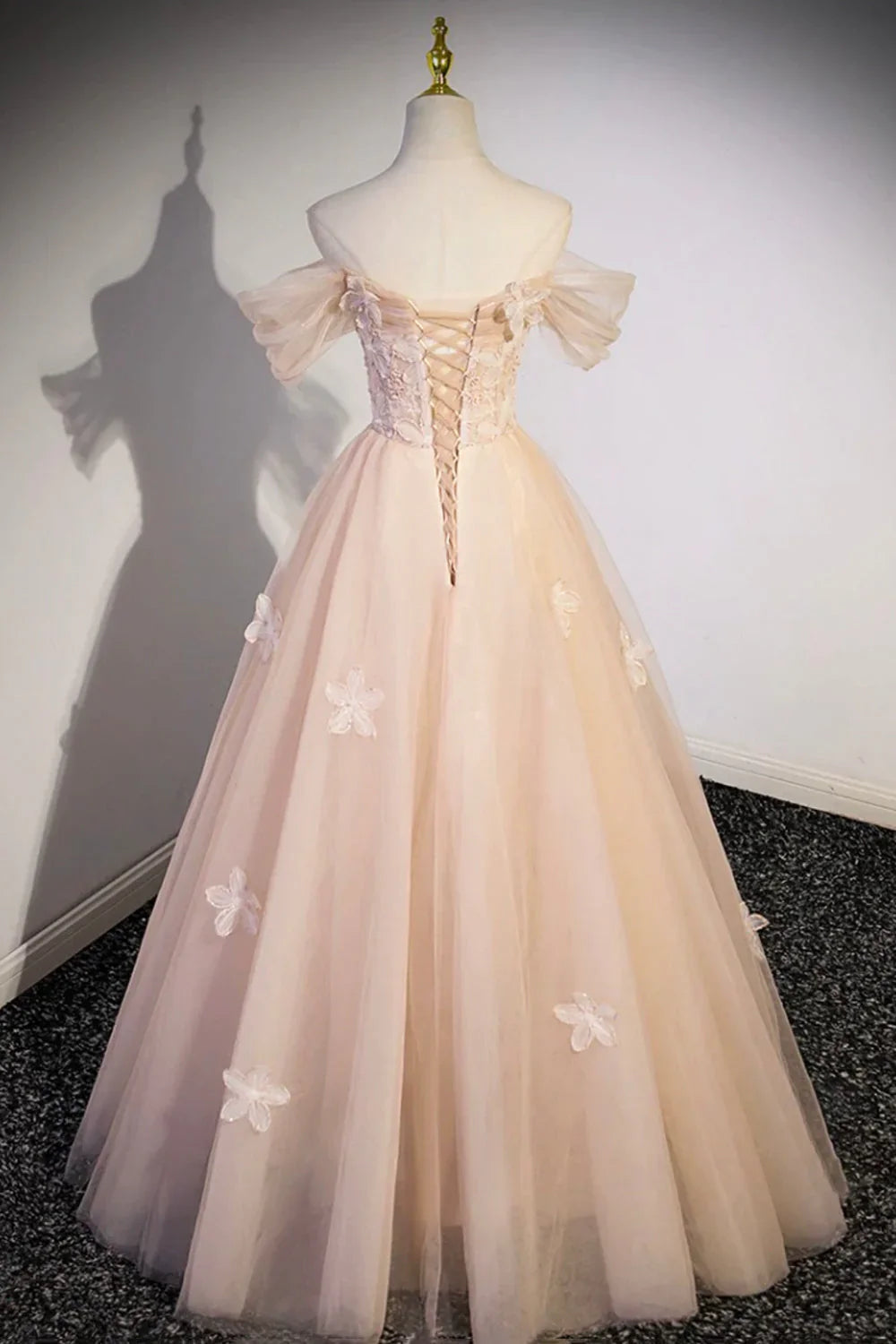 Vestidos formales largos de tul con flores, color champán, hombros descubiertos, ED01365