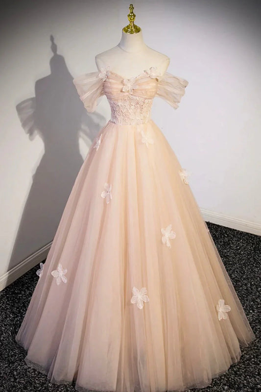 Vestidos formales largos de tul con flores, color champán, hombros descubiertos, ED01365