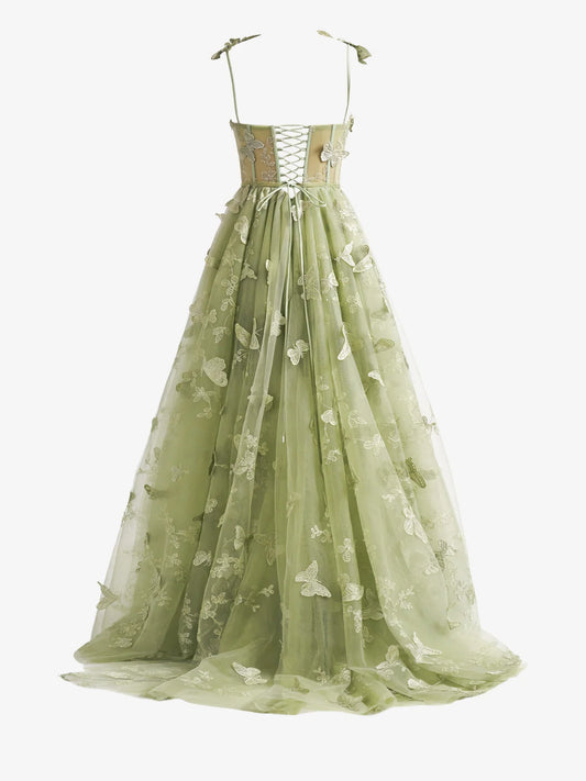 Green A-line Butterfly Lace  Corset Prom Dress with Slit ED01376