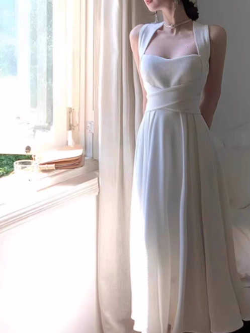 Vestido de fiesta elegante de estilo francés con tirantes blancos, ligero y lujoso, ED0137