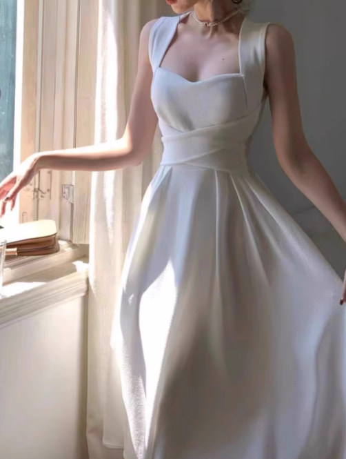 Vestido de fiesta elegante de estilo francés con tirantes blancos, ligero y lujoso, ED0137