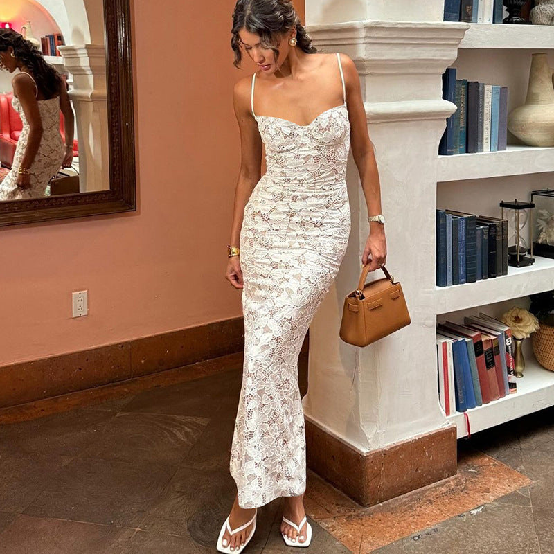 Vestido de fiesta largo con escote corazón, sirena, encaje blanco, tirantes finos, ED01385