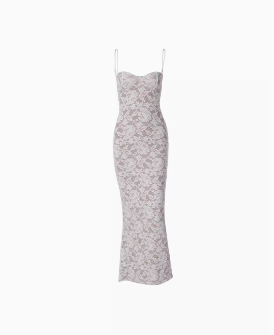 Vestido de fiesta largo con escote corazón, sirena, encaje blanco, tirantes finos, ED01385