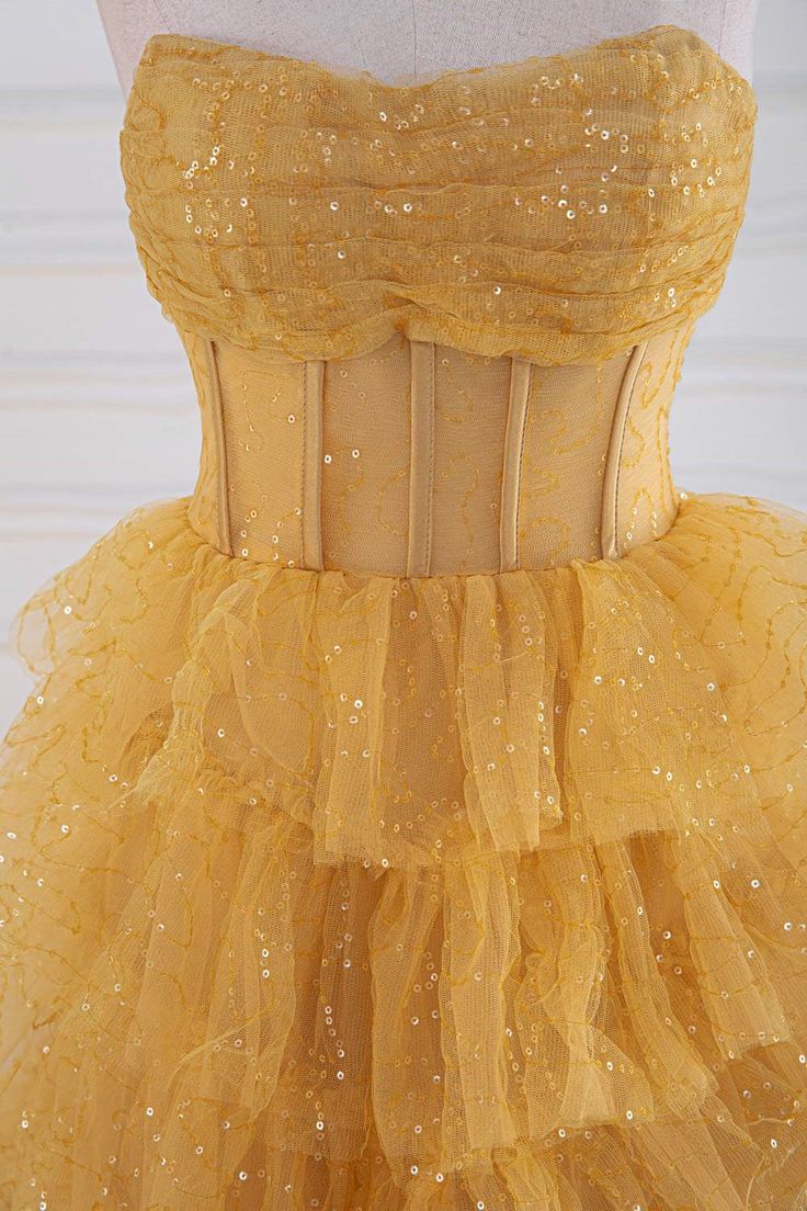Gold A-line Strapless Tulle Sequined Long Prom Dress, Gold Sweet 16 Dress ED01387