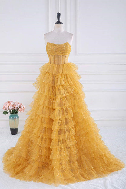 Gold A-line Strapless Tulle Sequined Long Prom Dress, Gold Sweet 16 Dress ED01387