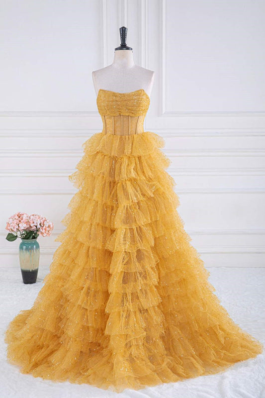 Gold A-line Strapless Tulle Sequined Long Prom Dress, Gold Sweet 16 Dress ED01387