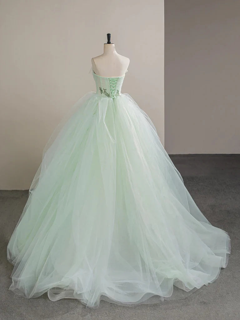 Vestido de fiesta largo sin tirantes de tul con encaje y corte en A, vestido formal largo de tul verde ED01392