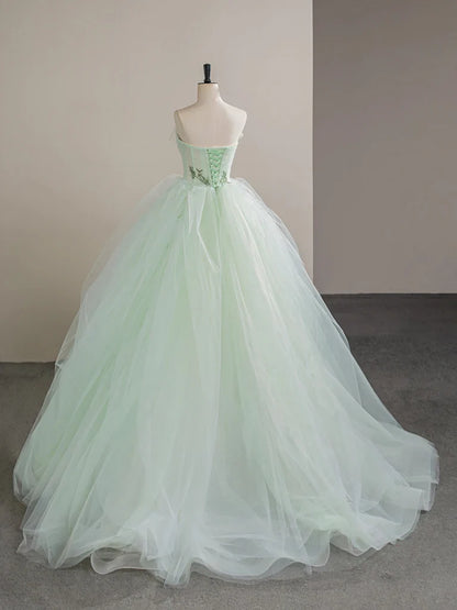 Vestido de fiesta largo sin tirantes de tul con encaje y corte en A, vestido formal largo de tul verde ED01392