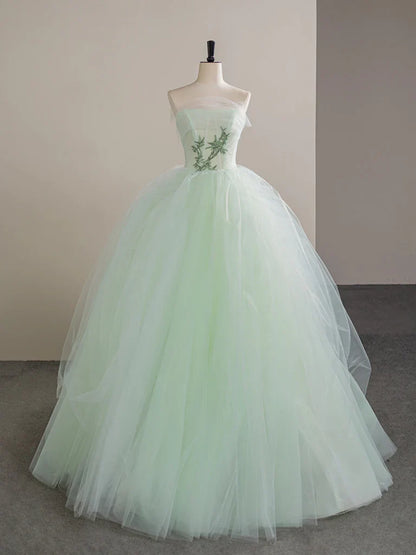 Vestido de fiesta largo sin tirantes de tul con encaje y corte en A, vestido formal largo de tul verde ED01392