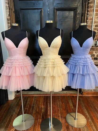 A-Line Deep V Neck Tiered Short Prom Dress ED01446