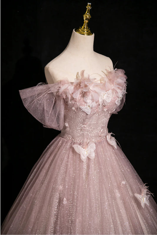 Pink Tulle Sequins Off the Shoulder Butterfly Flower Prom Dress ED01396