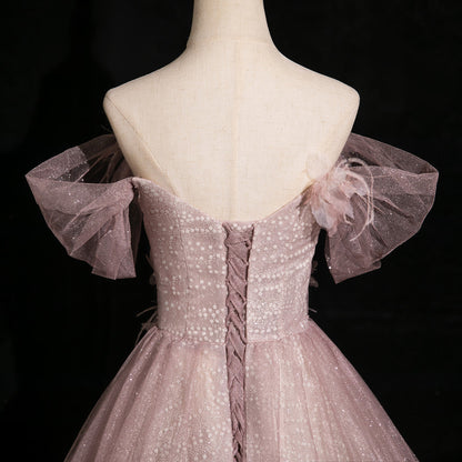 Vestido de fiesta de tul rosa con lentejuelas y hombros descubiertos, diseño de mariposas ED01396