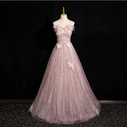 Vestido de fiesta de tul rosa con lentejuelas y hombros descubiertos, diseño de mariposas ED01396