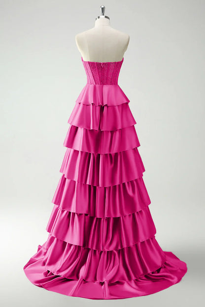 Vestido de fiesta largo sencillo de satén con escote corazón, sin tirantes y corte en A en color fucsia ED01398