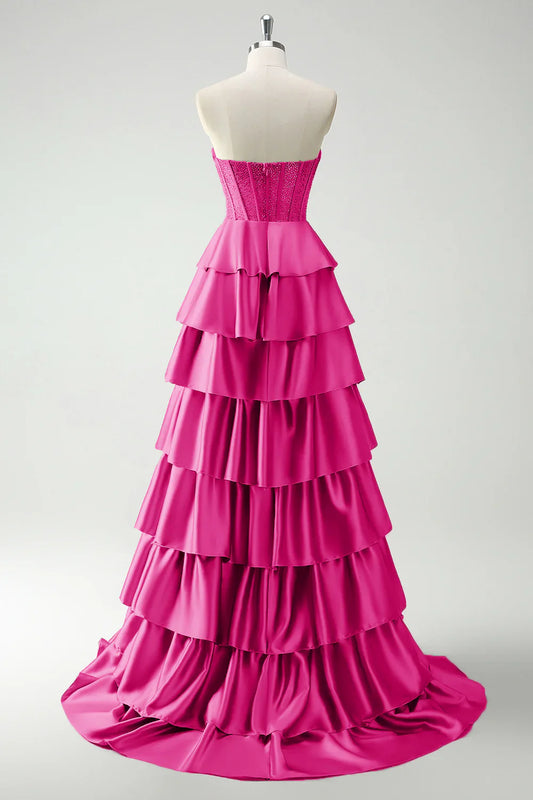 Fuchsia A-line strapless sweetheart neck satin simple long prom dress ED01398