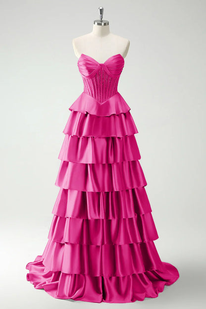 Vestido de fiesta largo sencillo de satén con escote corazón, sin tirantes y corte en A en color fucsia ED01398