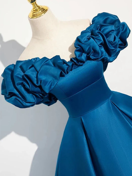 Vestido de fiesta largo azul de satén con hombros descubiertos y corte en A, vestido formal largo azul ED014