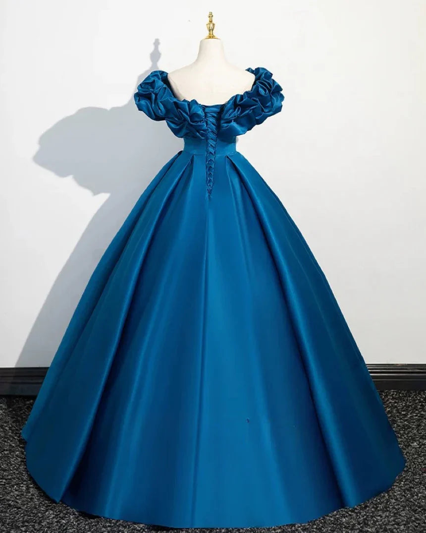 Vestido de fiesta largo azul de satén con hombros descubiertos y corte en A, vestido formal largo azul ED014