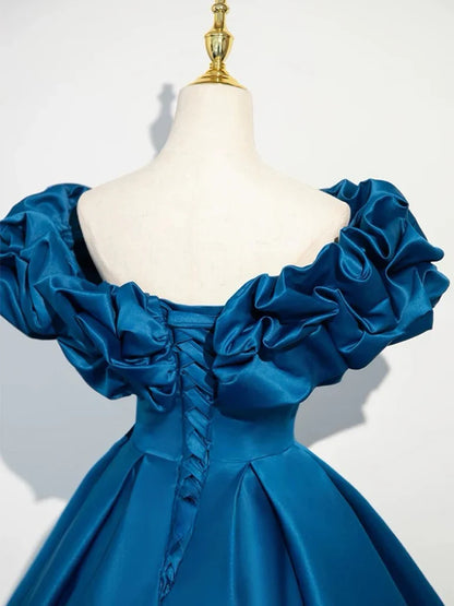 Vestido de fiesta largo azul de satén con hombros descubiertos y corte en A, vestido formal largo azul ED014