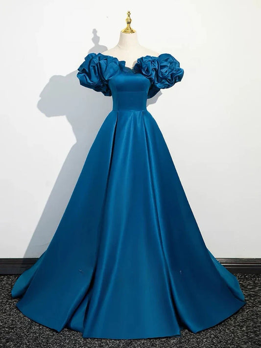 Vestido de fiesta largo azul de satén con hombros descubiertos y corte en A, vestido formal largo azul ED014