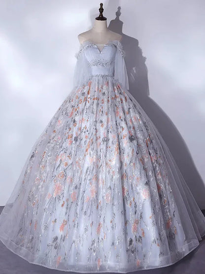 A-Line Tulle Sequin Lace Long Prom Dress, Lace Long Formal Dress ED01400