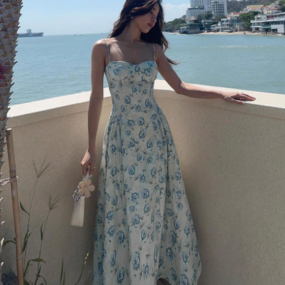 Vestido lencero con escote corazón y estampado floral verde azulado ED01401