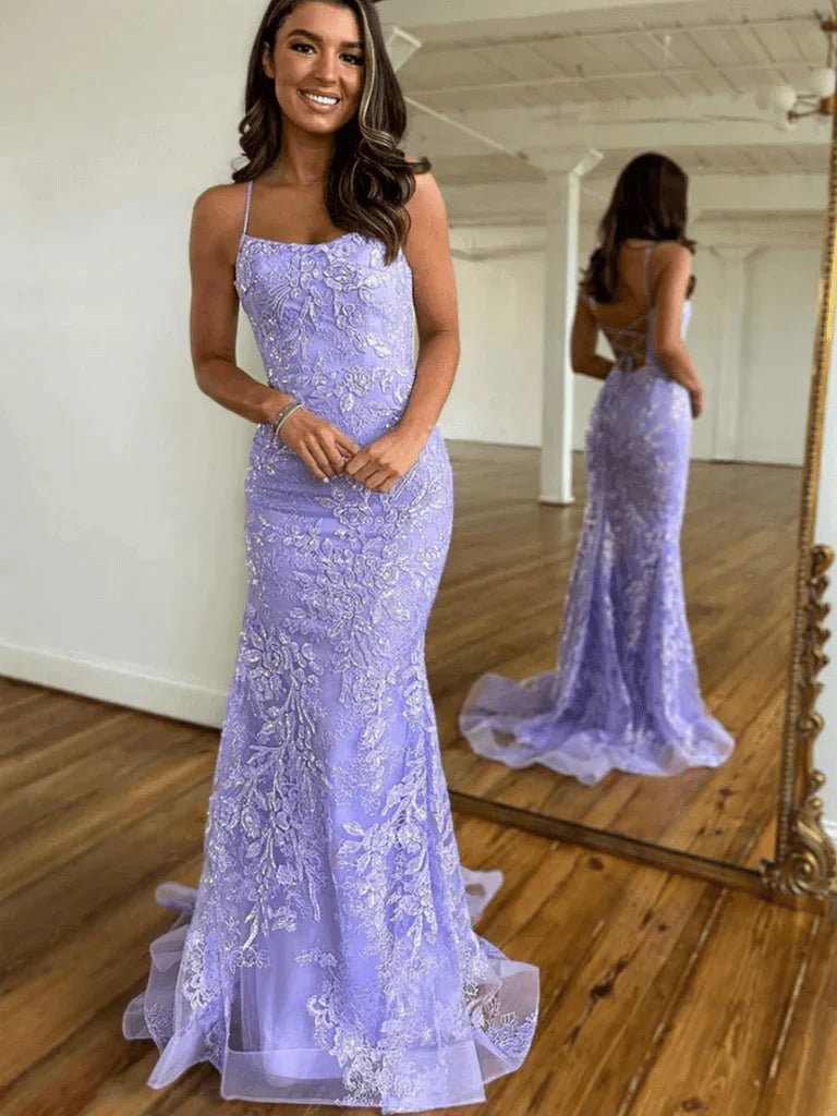 Vestido de fiesta largo de encaje con escote redondo y corte sirena ED01404