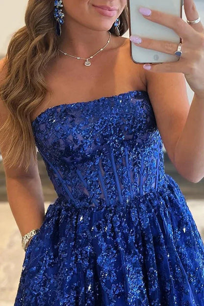 Vestido de fiesta largo sin tirantes, corte A, con encaje y lentejuelas, con bolsillos ED01405