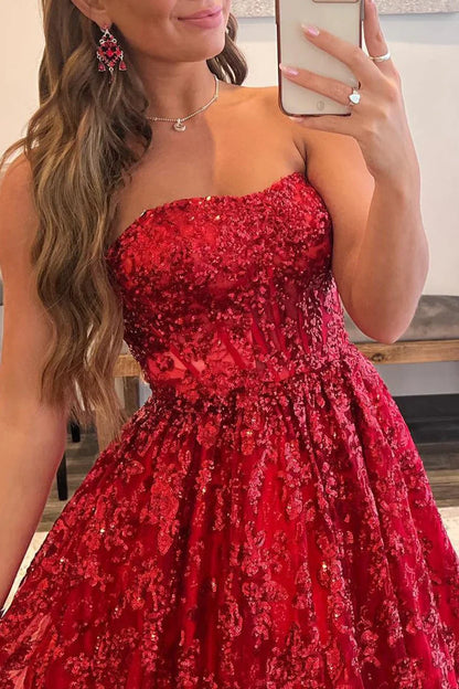 Vestido de fiesta largo sin tirantes, corte A, con encaje y lentejuelas, con bolsillos ED01405