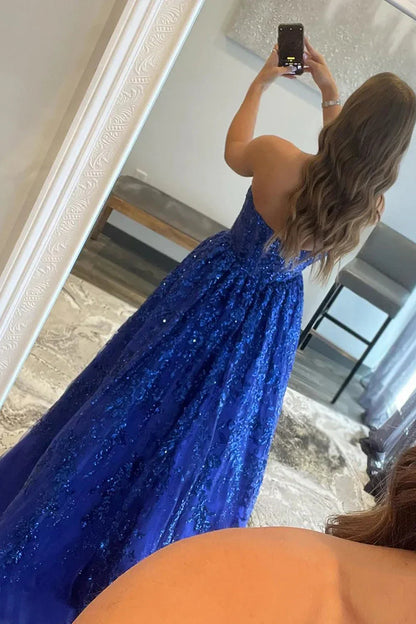 Vestido de fiesta largo sin tirantes, corte A, con encaje y lentejuelas, con bolsillos ED01405