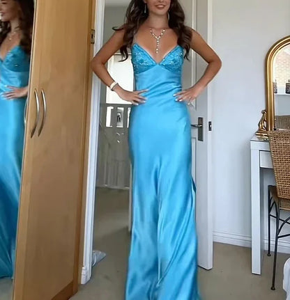 Elegant Blue🩵 Spaghetti Strap Mermaid Gown for Prom&Party Sleeveless Satin Vintage Formal Evening Dress  ED01407