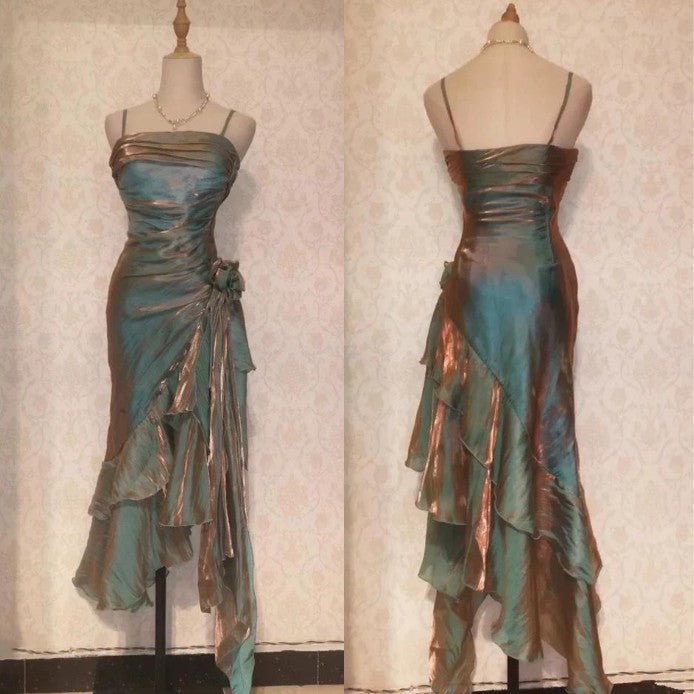 Vintage Spaghetti Straps Chiffon Satin Ruffled Prom Dresses Fairytale Party Dresses ED01410