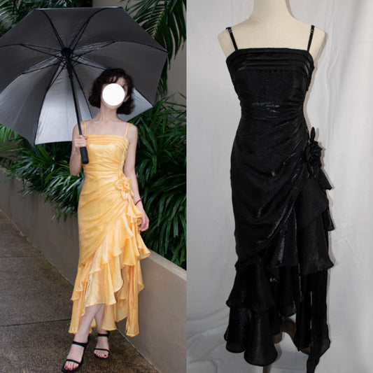 Vestidos de fiesta vintage de satén, de gasa y volantes con tirantes finos, vestidos de fiesta de cuento de hadas ED01410