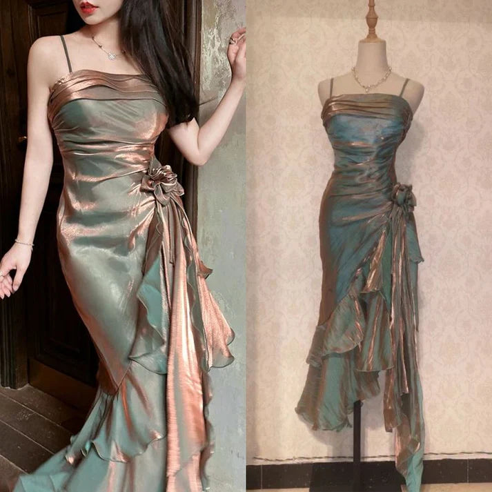 Vintage Spaghetti Straps Chiffon Satin Ruffled Prom Dresses Fairytale Party Dresses ED01410